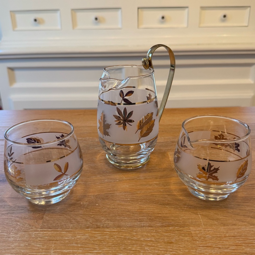 Vintage Libbey Golden Foliage Serving Set - Pitcher, Creamer & Sugar Bowl - MCM